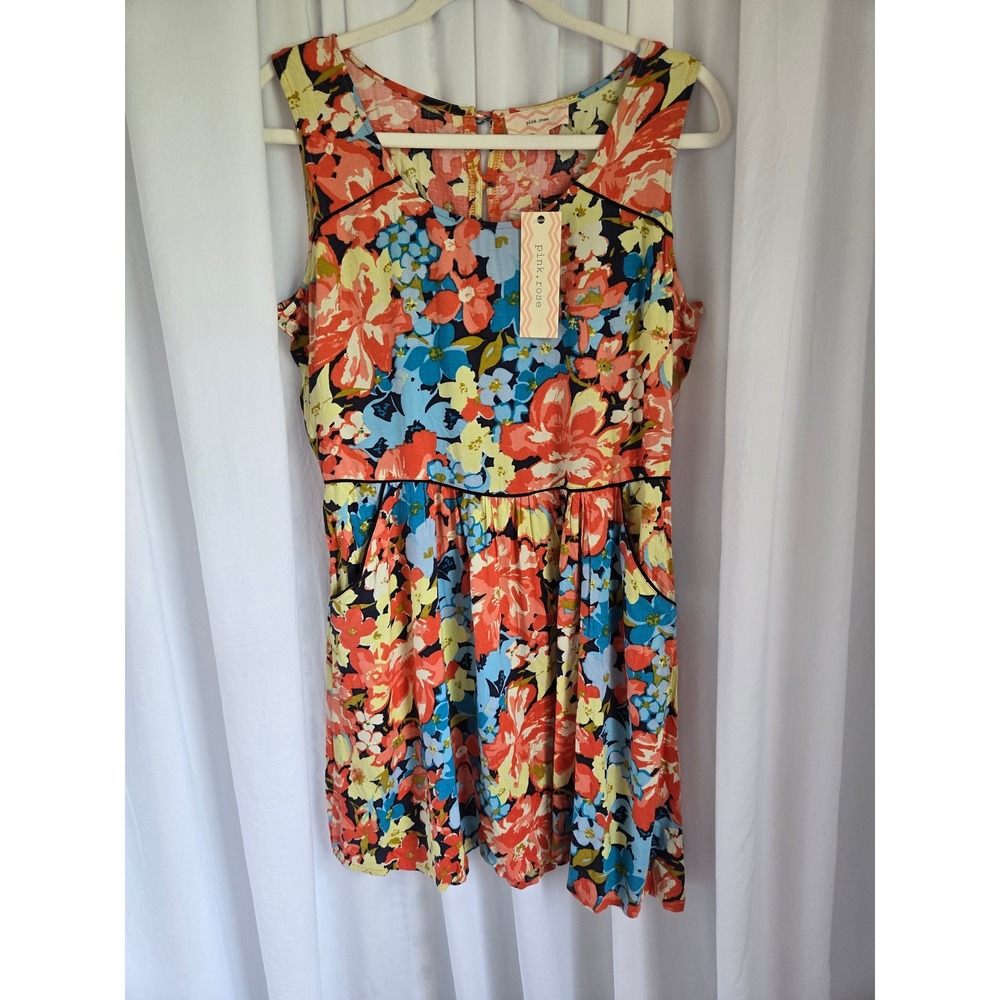 Pink Rose Floral Print Sleeveless Mini Dress Keyhole Back Coral Blue Large NEW - Picture 3 of 8